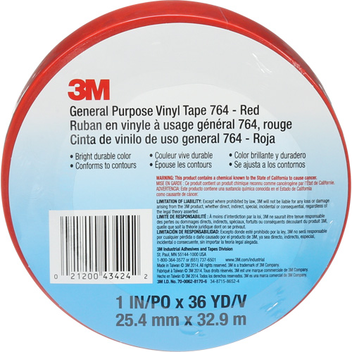 Ruban en vinyle pour travaux g&eacute;n&eacute;raux 764, 25,4 mm (1") la x 32,9 m (108') lo, 5 mils, Rouge Oxymax Inc