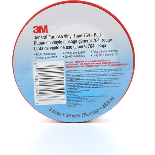 764 General-Purpose Vinyl Tape, 76 mm (3") W x 32.9 m (108') L, 5 mils, Red Oxymax Inc