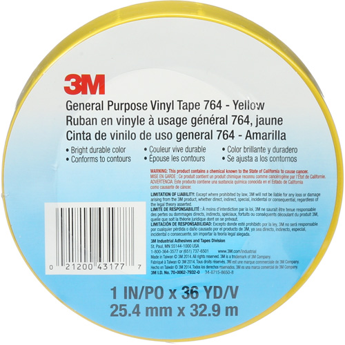 Ruban en vinyle pour travaux g&eacute;n&eacute;raux 764, 25,4 mm (1") la x 32,9 m (108') lo, 5 mils, Jaune Oxymax Inc