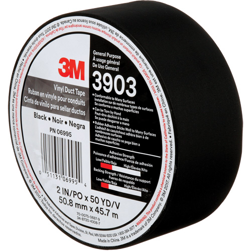 Rubans adh&eacute;sifs en vinyle 3903, 48 mm (2") la x 45 m (148') lo, 6,5 mils, Noir Oxymax Inc