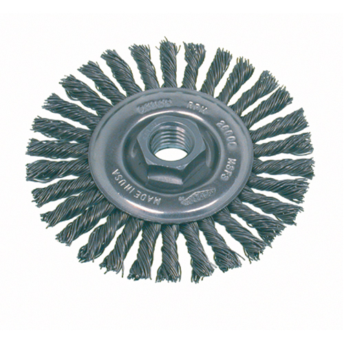 Brosse rotative &agrave; fils nou&eacute;s pour petites meuleuses haute vitesse, pour passe de fond, Dia. 4", Fils 0,02", Arbre 5/8"-11, Acier Oxymax Inc