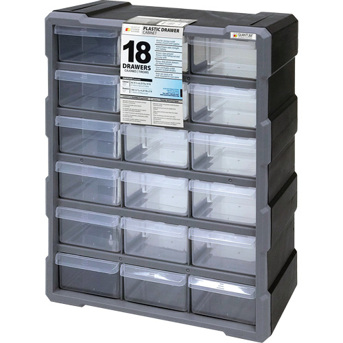 Drawer Cabinet, Plastic, 18 Drawers, 15" x 6-1/4" x 18-3/4", Black Oxymax Inc