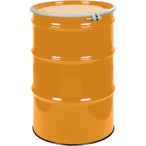 Steel Drums, 55 US gal (45 imp. gal.), Unlined, Orange, Open Top, UN1A2/Y1.5/150, 16 Gauge Oxymax Inc