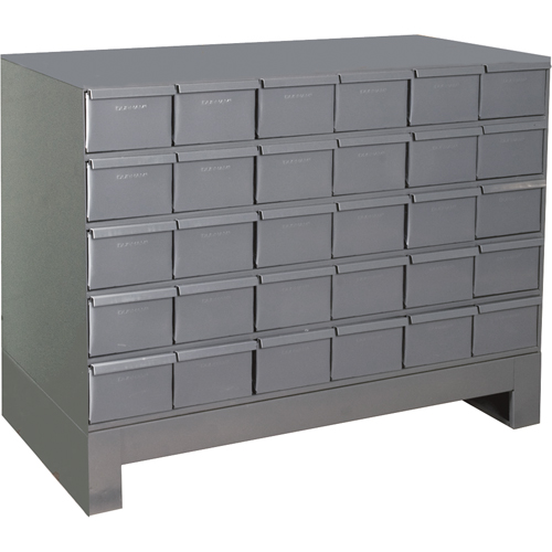 Armoires &agrave; tiroirs industriels avec base, 30 tiroirs, 34-1/8" la x 12-1/4" p x 26-7/8" h, Gris Oxymax Inc