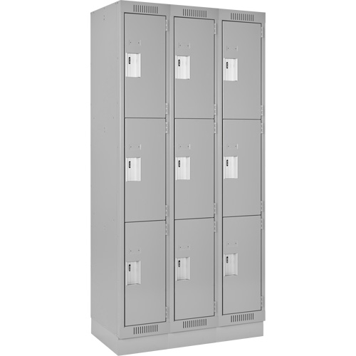 Clean Line Lockers, 3 -tier, Bank of 3, 36" x 18" x 76", Steel, Grey, Rivet (Assembled) Oxymax Inc