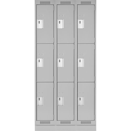 Clean Line Lockers, 3 -tier, Bank of 3, 36" x 18" x 76", Steel, Grey, Rivet (Assembled) Oxymax Inc