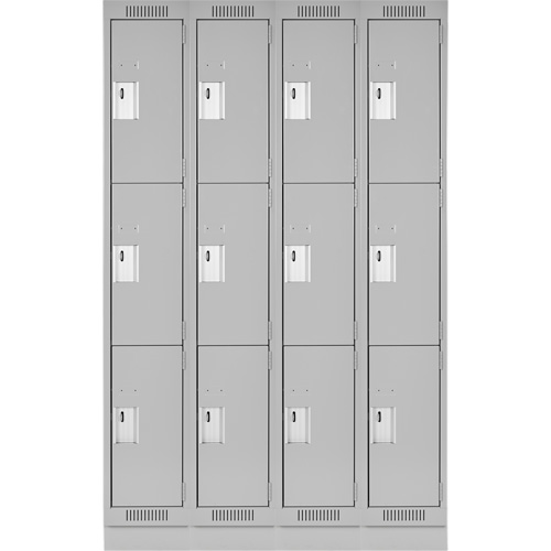 Clean Line Lockers, 3 -tier, Bank of 4, 48" x 18" x 76", Steel, Grey, Rivet (Assembled) Oxymax Inc