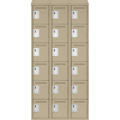 Clean Line Lockerette, 6 -tier, Bank of 3, 36" x 18" x 78", Steel, Beige, Rivet (Assembled) Oxymax Inc
