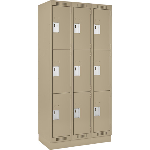 Clean Line Lockers, 3 -tier, Bank of 3, 36" x 18" x 76", Steel, Beige, Rivet (Assembled) Oxymax Inc