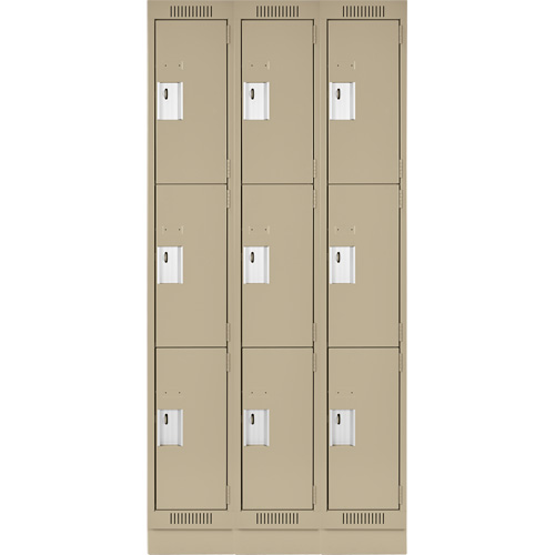 Clean Line Lockers, 3 -tier, Bank of 3, 36" x 18" x 76", Steel, Beige, Rivet (Assembled) Oxymax Inc