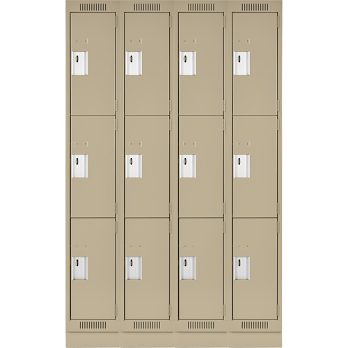 Clean Line Lockers, 3 -tier, Bank of 4, 48" x 18" x 76", Steel, Beige, Rivet (Assembled) Oxymax Inc