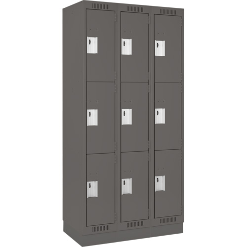 Clean Line Lockers, 3 -tier, Bank of 3, 36" x 18" x 76", Steel, Charcoal, Rivet (Assembled) Oxymax Inc