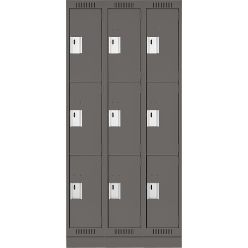 Clean Line Lockers, 3 -tier, Bank of 3, 36" x 18" x 76", Steel, Charcoal, Rivet (Assembled) Oxymax Inc