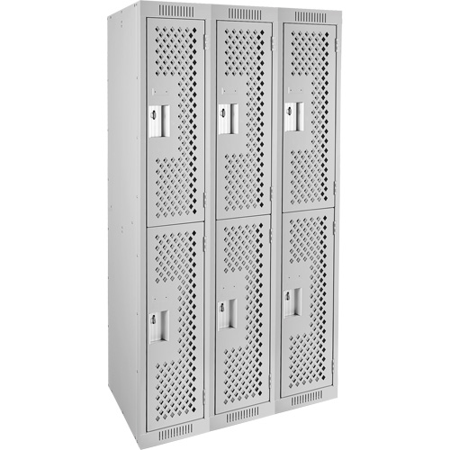 Clean Line Lockers, 2 -tier, Bank of 3, 36" x 12" x 72", Steel, Grey, Rivet (Assembled), Perforated Oxymax Inc