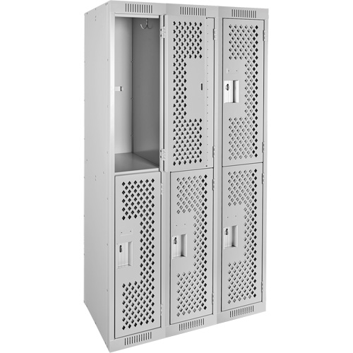 Clean Line Lockers, 2 -tier, Bank of 3, 36" x 12" x 72", Steel, Grey, Rivet (Assembled), Perforated Oxymax Inc