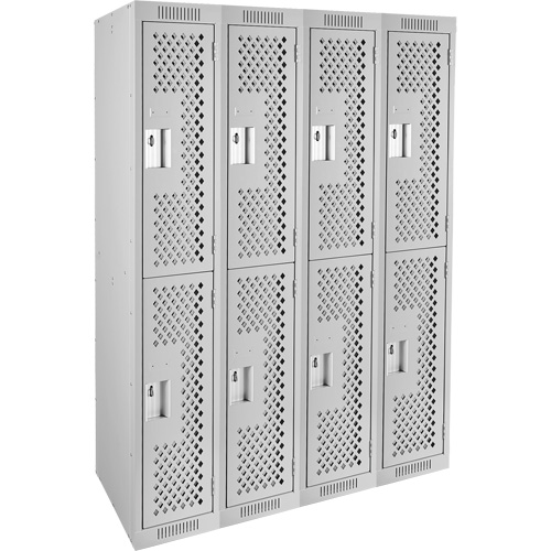 Clean Line Lockers, 2 -tier, Bank of 4, 48" x 15" x 72", Steel, Grey, Rivet (Assembled), Perforated Oxymax Inc