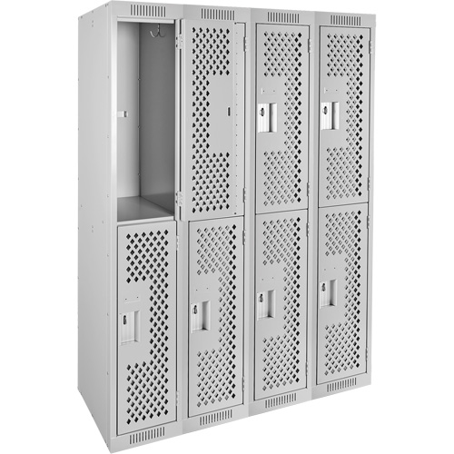 Clean Line Lockers, 2 -tier, Bank of 4, 48" x 15" x 72", Steel, Grey, Rivet (Assembled), Perforated Oxymax Inc