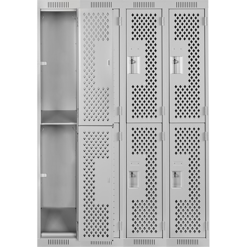 Clean Line Lockers, 2 -tier, Bank of 4, 48" x 15" x 72", Steel, Grey, Rivet (Assembled), Perforated Oxymax Inc