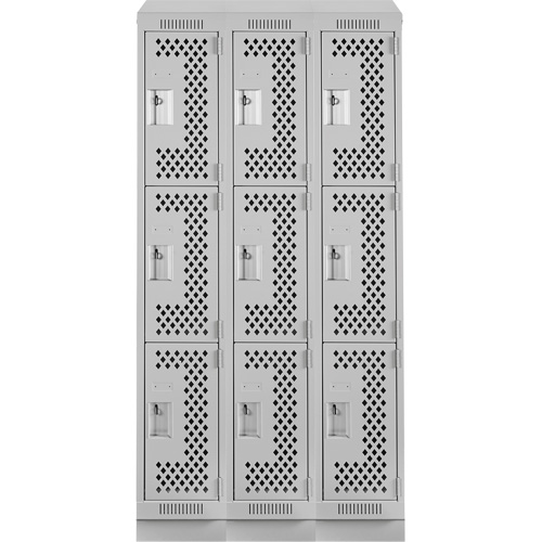 Clean Line Lockers, 3 -tier, Bank of 3, 36" x 18" x 82", Steel, Grey, Rivet (Assembled), Perforated Oxymax Inc