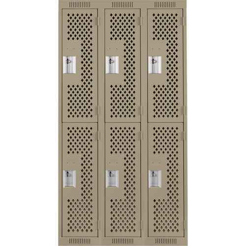 Clean Line Lockers, 2 -tier, Bank of 3, 36" x 12" x 72", Steel, Beige, Rivet (Assembled), Perforated Oxymax Inc