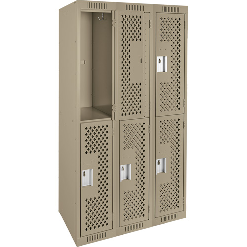 Clean Line Lockers, 2 -tier, Bank of 3, 36" x 12" x 72", Steel, Beige, Rivet (Assembled), Perforated Oxymax Inc