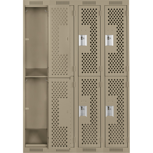 Clean Line Lockers, 2 -tier, Bank of 4, 48" x 12" x 72", Steel, Beige, Rivet (Assembled), Perforated Oxymax Inc