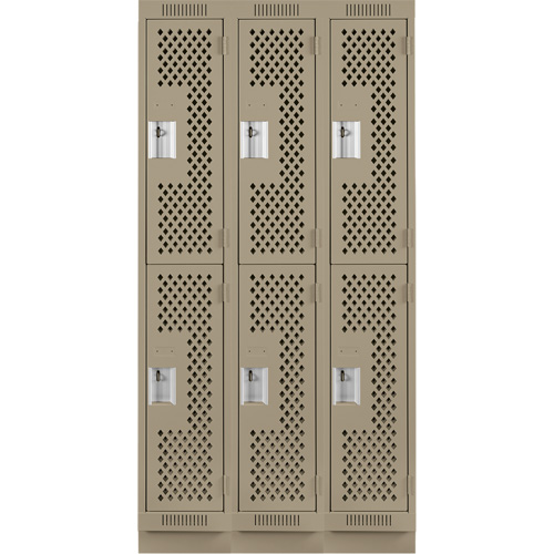 Clean Line Lockers, 2 -tier, Bank of 3, 36" x 15" x 76", Steel, Beige, Rivet (Assembled), Perforated Oxymax Inc