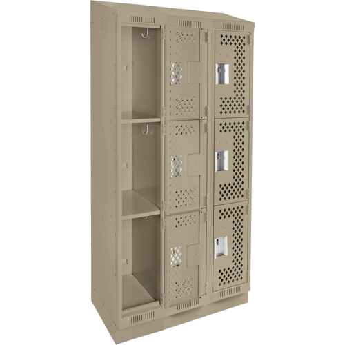 Clean Line Lockers, 3 -tier, Bank of 3, 36" x 18" x 82", Steel, Beige, Rivet (Assembled), Perforated Oxymax Inc