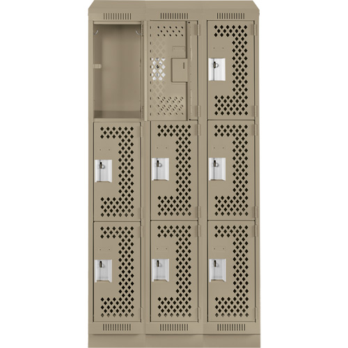 Clean Line Lockers, 3 -tier, Bank of 3, 36" x 18" x 82", Steel, Beige, Rivet (Assembled), Perforated Oxymax Inc