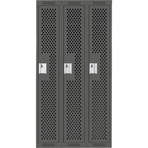 Clean Line Lockers, Bank of 3, 36" x 15" x 72", Steel, Charcoal, Rivet (Assembled), Perforated Oxymax Inc