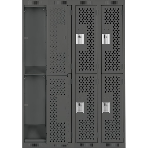Clean Line Lockers, 2 -tier, Bank of 4, 48" x 12" x 72", Steel, Charcoal, Rivet (Assembled), Perforated Oxymax Inc