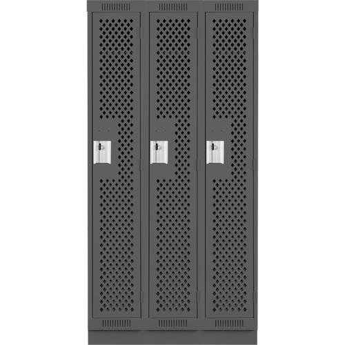 Clean Line Lockers, Bank of 3, 36" x 18" x 76", Steel, Charcoal, Rivet (Assembled), Perforated Oxymax Inc