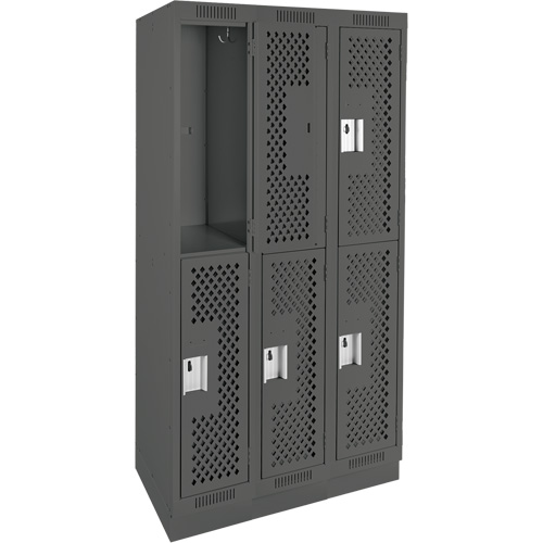 Clean Line Lockers, 2 -tier, Bank of 3, 36" x 15" x 76", Steel, Charcoal, Rivet (Assembled), Perforated Oxymax Inc
