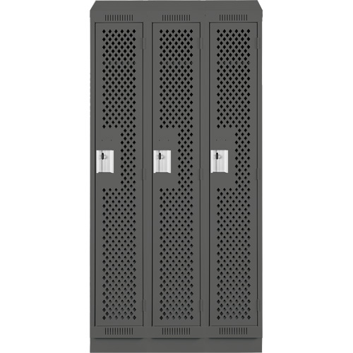 Clean Line Lockers, Bank of 3, 36" x 18" x 82", Steel, Charcoal, Rivet (Assembled), Perforated Oxymax Inc