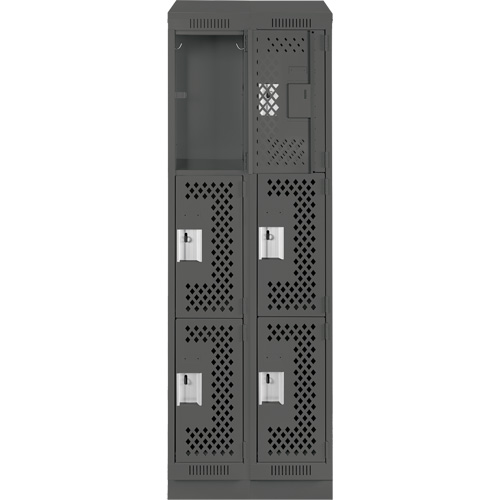Clean Line Lockers, 3 -tier, Bank of 2, 24" x 18" x 82", Steel, Charcoal, Rivet (Assembled), Perforated Oxymax Inc