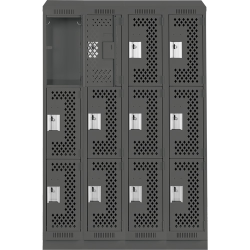 Clean Line Lockers, 3 -tier, Bank of 4, 48" x 18" x 82", Steel, Charcoal, Rivet (Assembled), Perforated Oxymax Inc