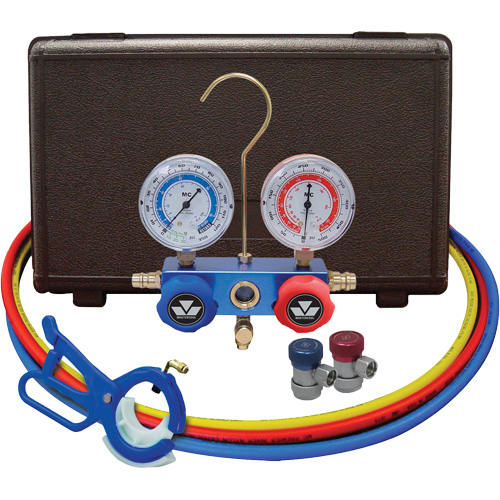 Automotive Manifold Gauge Set with Manual Couplers & 3-in-1 Side Mount Can Tap Valve Oxymax Inc