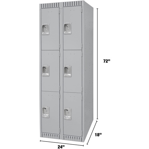 Lockers, 3 -tier, Bank of 2, 24" x 18" x 72", Steel, Grey, Knocked Down Oxymax Inc