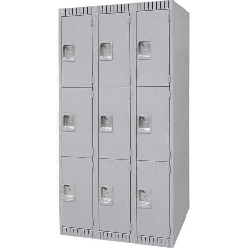 Lockers, 3 -tier, Bank of 3, 36" x 18" x 72", Steel, Grey, Knocked Down Oxymax Inc