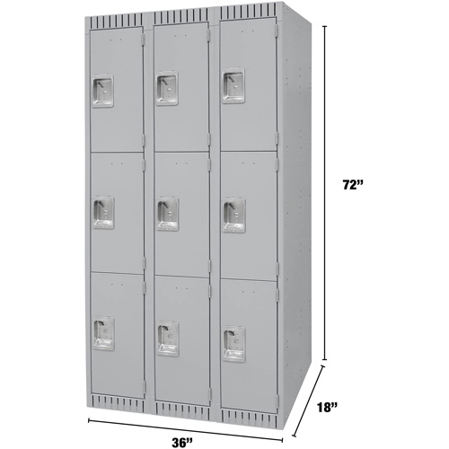 Lockers, 3 -tier, Bank of 3, 36" x 18" x 72", Steel, Grey, Knocked Down Oxymax Inc