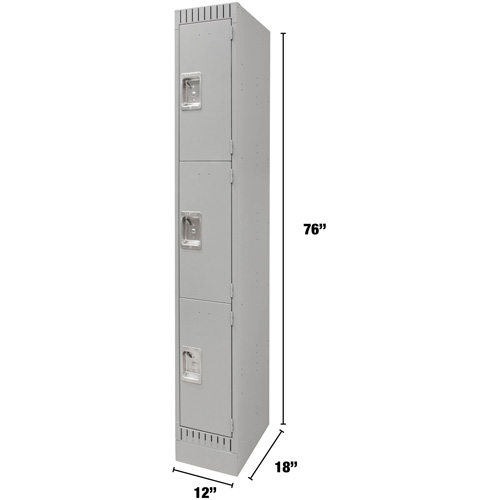 Lockers, 3 -tier, 12" x 18" x 76", Steel, Grey, Knocked Down Oxymax Inc