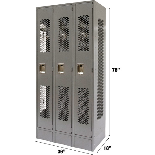 Vented Lockers, Bank of 3, 36" x 18" x 78", Steel, Grey, Knocked Down, Perforated Oxymax Inc