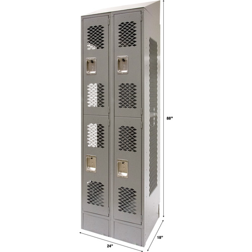 Vented Lockers, 2 -tier, Bank of 2, 24" x 18" x 88", Steel, Grey, Knocked Down, Perforated Oxymax Inc