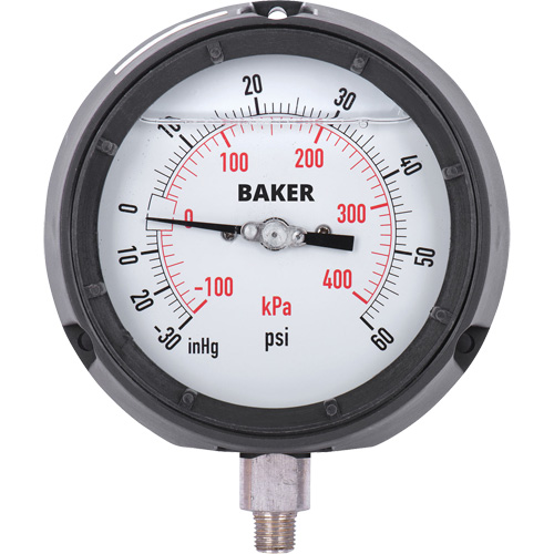 Pressure Gauge, 4-1/2" , 30"-0-60 psi, Bottom Mount, Liquid Filled Analogue Oxymax Inc