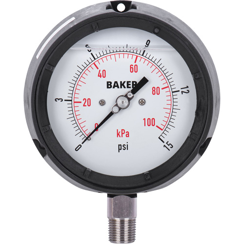 Pressure Gauge, 4-1/2" , 0 - 15 psi/0 - 100 kPa, Bottom Mount, Liquid Filled Analogue Oxymax Inc