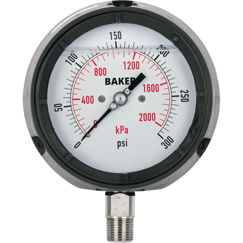 Pressure Gauge, 4-1/2" , 0 - 15 psi/0 - 100 kPa, Bottom Mount, Liquid Filled Analogue Oxymax Inc