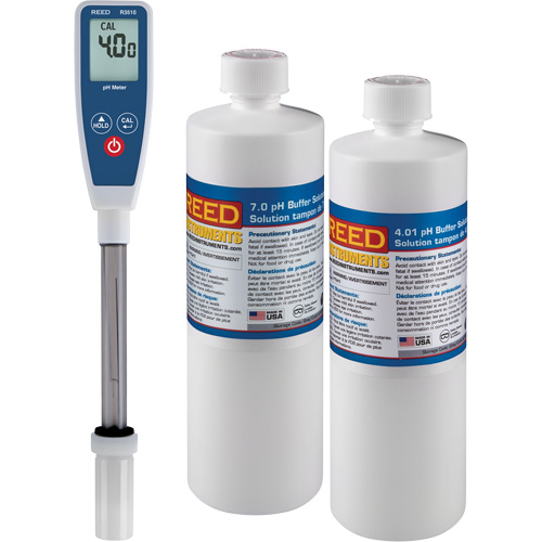 Ensemble de compteur de pH &agrave; tige longue & solution tampon 4 pH/7 pH Oxymax Inc