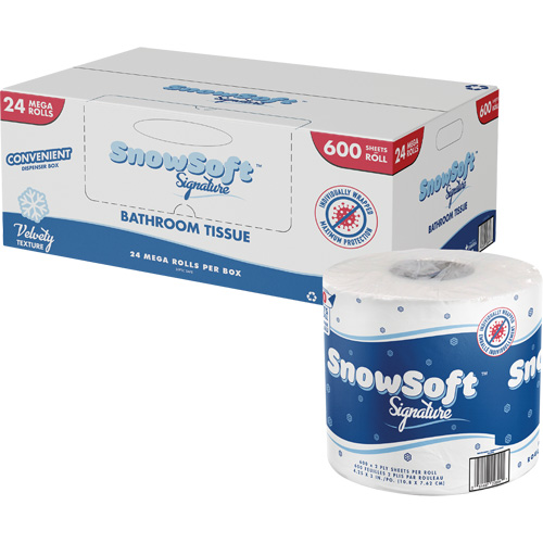 Papier hygi&eacute;nique de premi&egrave;re qualit&eacute; Snow Soft, 2 Pli, 600 Feuilles/Rouleu, Longueur 145', Blanc Oxymax Inc
