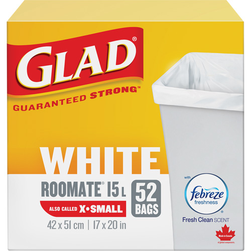 X-Small 15L Roommate Febreze Garbage Bags, Regular, 17" W x 20" L, White Oxymax Inc