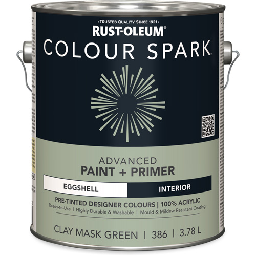 Peinture int&eacute;rieure pr&eacute;teint&eacute;e + appr&ecirc;t mural Colour Spark, Vert masque en argile, Satin&eacute;, 3,78 L, Gallon Oxymax Inc